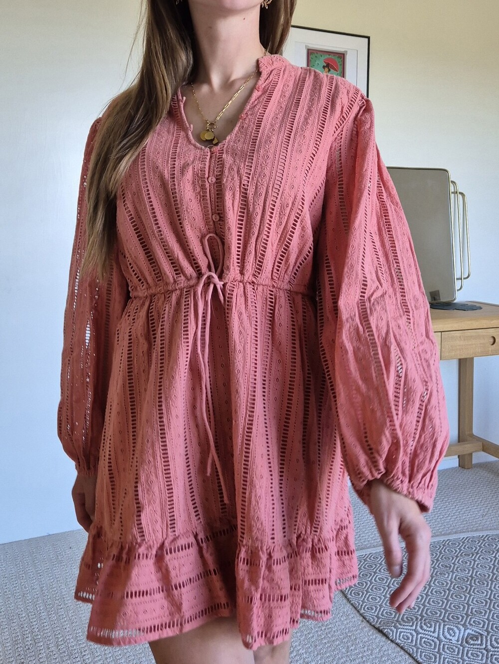 Anthro Forever That Girl Coral Boho Mini Dress L Flowy Romantic Dress